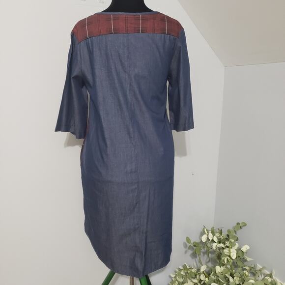 Plaid and Chambray Half Sleeve Grommet Placket Shirt Tail Hem Boho Tunic Dress - Picture 7 of 12